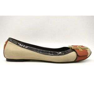 Tory Burch Logo Beige Orange Leather Buckle Toe Slip On Flats Shoes Women's 6 M